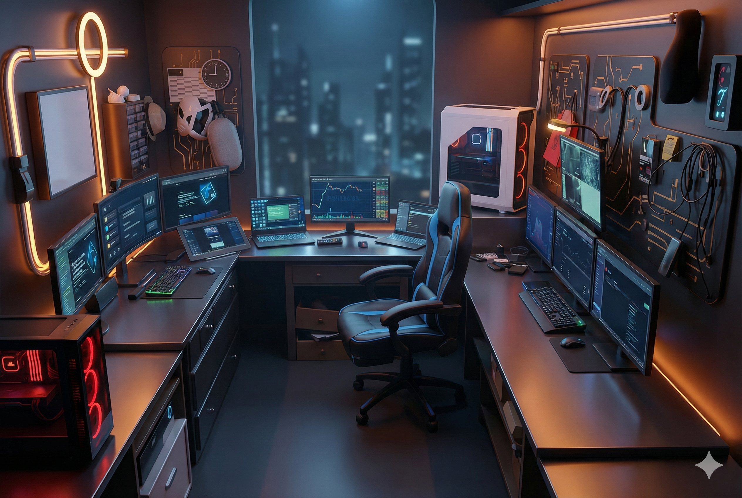 PROMPT VVV (ATELIER) — Contexte: section 'résultats'. Visuel: 'atelier technique vivant' — table/bench minimal futuriste, écrans abstraits, modules comme cartes, ambiance sombre urbaine mais chaleureuse, sensation 'artisan + souveraineté'. Pas de texte, pas de logos, style unique, premium. Format: 16:12.