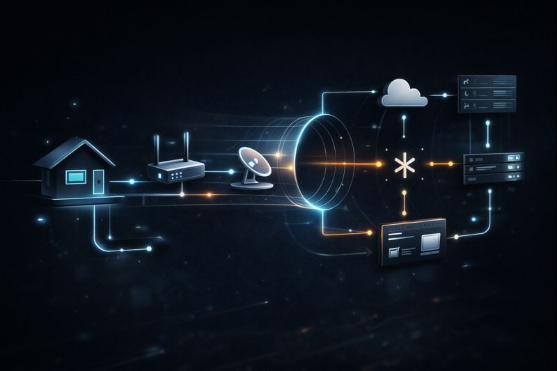 PROMPT VVV (RÉSEAU) — Contexte: section 'déclic réseau'. Visuel: diagramme stylisé high-tech minimal (pas de texte lisible) représentant flux: maison/campagne → OpenWrt → Tenda → Starlink → tunnel → VPS → wildcard → service local. Style: lignes fines lumineuses, nœuds, flèches abstraites, profondeur type 'tunnel', très clean, premium. Contraintes: zéro texte, zéro marque. Format: 4:3.